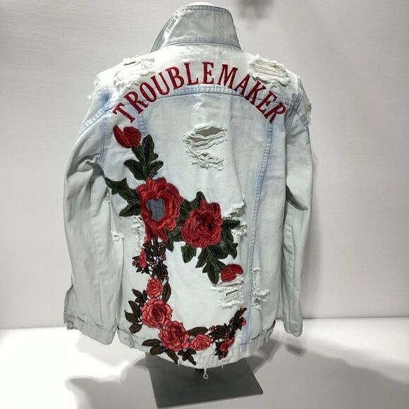emory park Jackets & Blazers - Emory Park Patch Work Rose Troublemaker Distressed Jean Denim Jacket Shacket